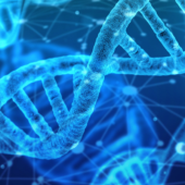 Close-up of a glowing blue DNA double helix against a dark background with interconnected lines and dots