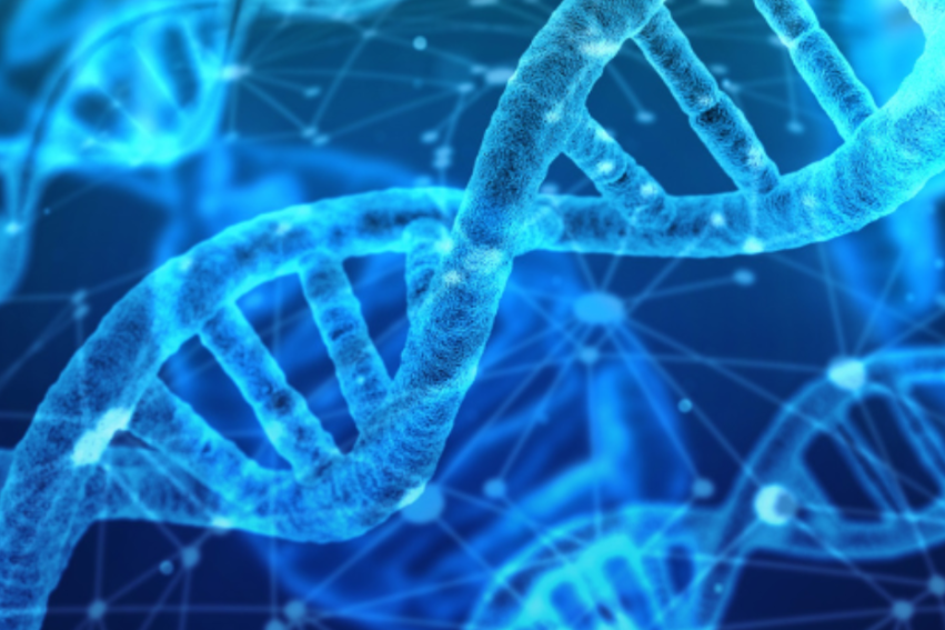 Close-up of a glowing blue DNA double helix against a dark background with interconnected lines and dots