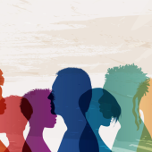 Silhouettes of diverse people in profile, layered in vibrant colors