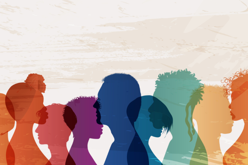 Silhouettes of diverse people in profile, layered in vibrant colors