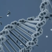 Close-up of a 3D DNA double helix in a blue-gray tone, surrounded by abstract particles