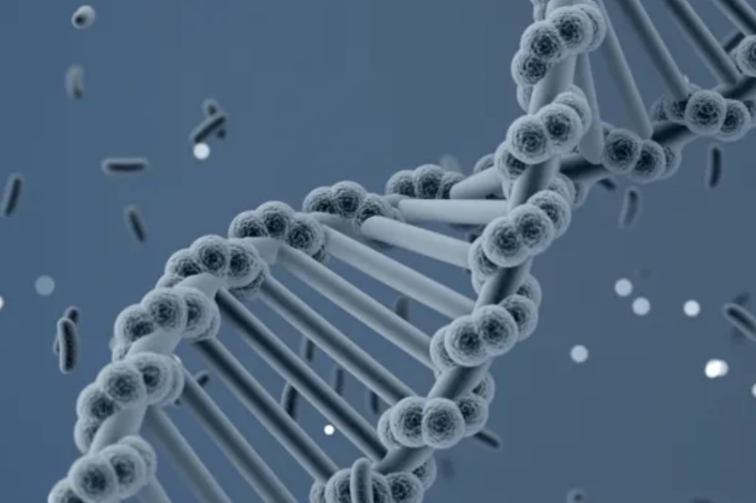 Close-up of a 3D DNA double helix in a blue-gray tone, surrounded by abstract particles