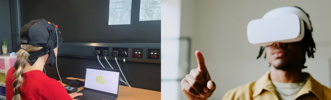 A woman in a red sweater uses a laptop with a brain-monitoring cap, while a man interacts with virtual reality goggles, pointing forward.