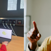 A woman in a red sweater uses a laptop with a brain-monitoring cap, while a man interacts with virtual reality