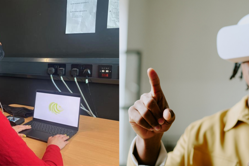 A woman in a red sweater uses a laptop with a brain-monitoring cap, while a man interacts with virtual reality