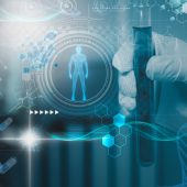 A gloved hand holds a test tube amidst a high-tech, digital backdrop featuring DNA strands, a human figure, and science icons