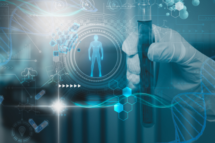 A gloved hand holds a test tube amidst a high-tech, digital backdrop featuring DNA strands, a human figure, and science icons