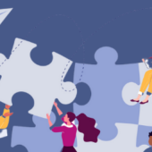 A cartoon illustration of a diverse group collaborating with gears and puzzle pieces.