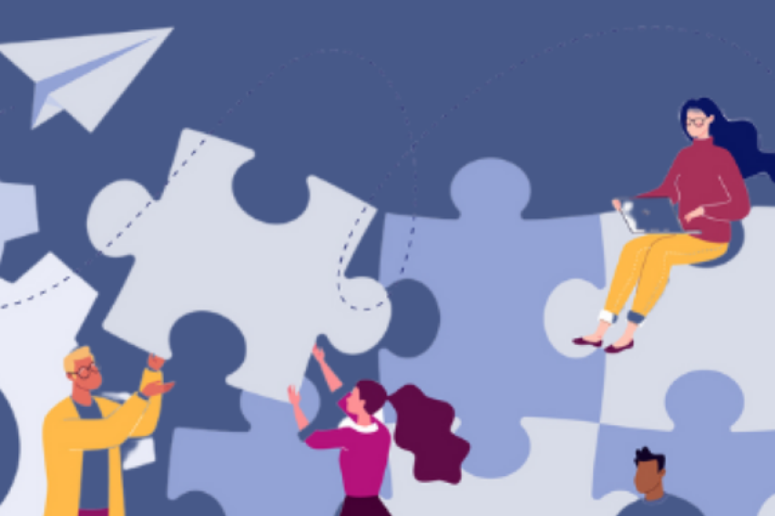 A cartoon illustration of a diverse group collaborating with gears and puzzle pieces.