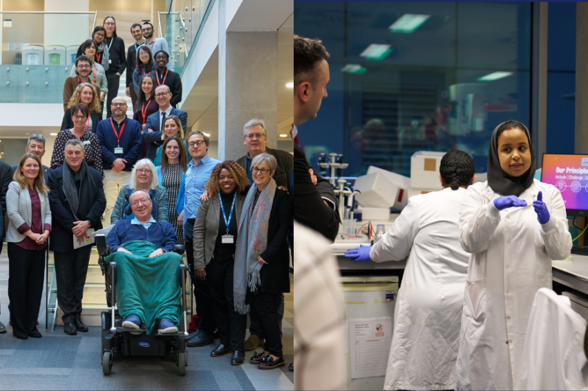 A group of people, including one in a wheelchair, pose on stairs in an office. Beside, a lab scene with a researcher in a hijab explaining to others.