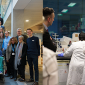 A group of people, including one in a wheelchair, pose on stairs in an office. Beside, a lab scene with a researcher in a hijab explaining to others.