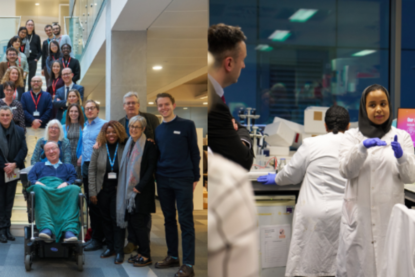 A group of people, including one in a wheelchair, pose on stairs in an office. Beside, a lab scene with a researcher in a hijab explaining to others.