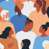 A diverse crowd of cartoon people in vibrant colors, showing various hairstyles and clothing