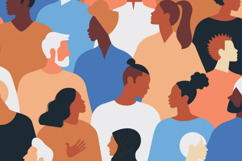 A diverse crowd of cartoon people in vibrant colors, showing various hairstyles and clothing