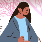 cartoon of a person with long hair and a sad expression surrounded by bare trees with pink tones in the background.