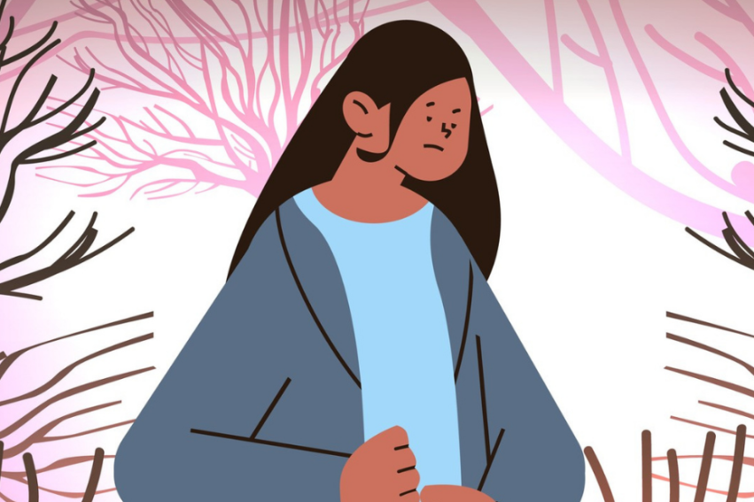 cartoon of a person with long hair and a sad expression surrounded by bare trees with pink tones in the background.