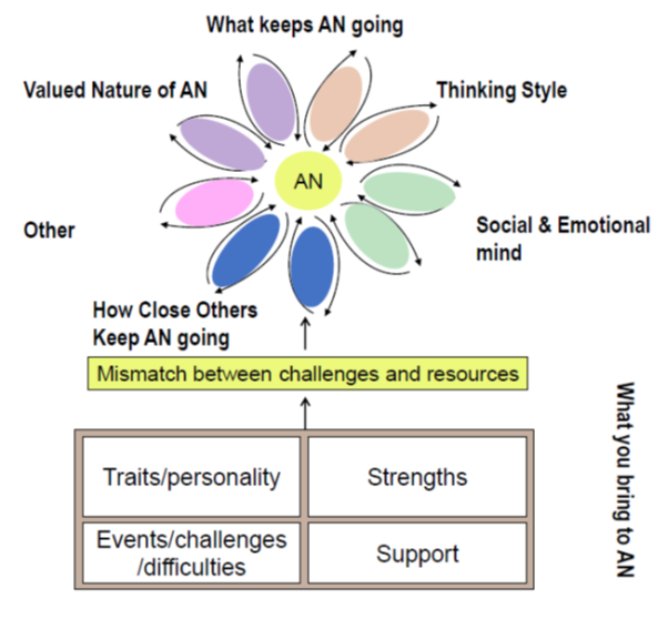 Diagram of the MANTRA 'vicious flower' of anorexia nervosa.