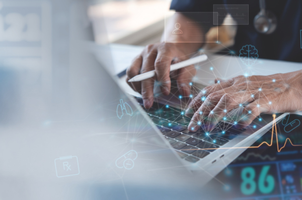 Medical technology network connection concept. Doctor working on laptop computer, health team conference with electronic health record, medical icons on virtual screen interface stock photo