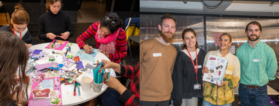 group of people making zines, group of people holding up the finished zine