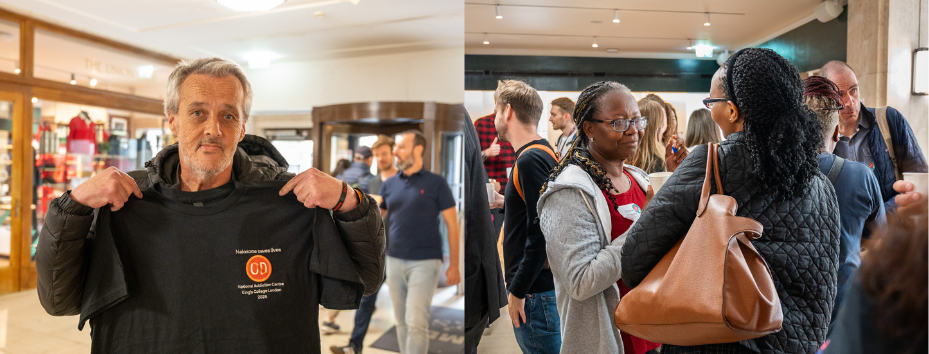 Atendee at Naloxone conference holds up a t-shirt with overdose symbol; second photo shows two women talking in a crowded room