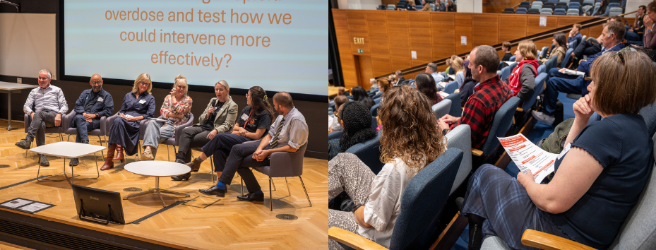 Group of speakers in a group discussion; audience in the lecture theatre
