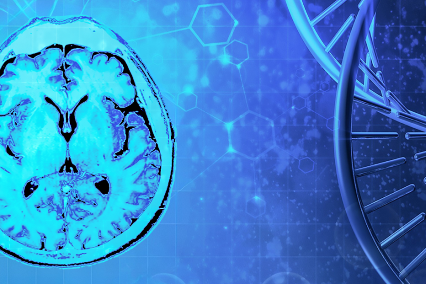 A brain scan with a DNA helix