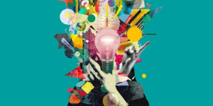 A vibrant collage featuring a central glowing light bulb surrounded by colorful geometric shapes, a brain graphic, and pointing hands, symbolizing creativity and ideas.