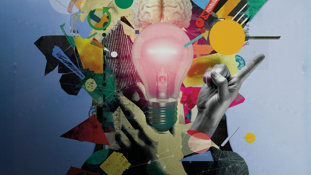 A vibrant collage features a light bulb at the center symbolizing ideas, with a human brain above. A pointing hand and colorful geometric shapes add dynamism.
