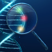 Digital illustration of a DNA strand under a magnifying glass against a dark blue background.