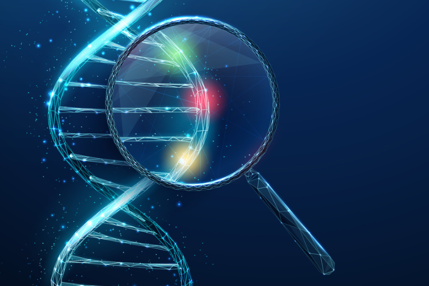 Digital illustration of a DNA strand under a magnifying glass against a dark blue background.