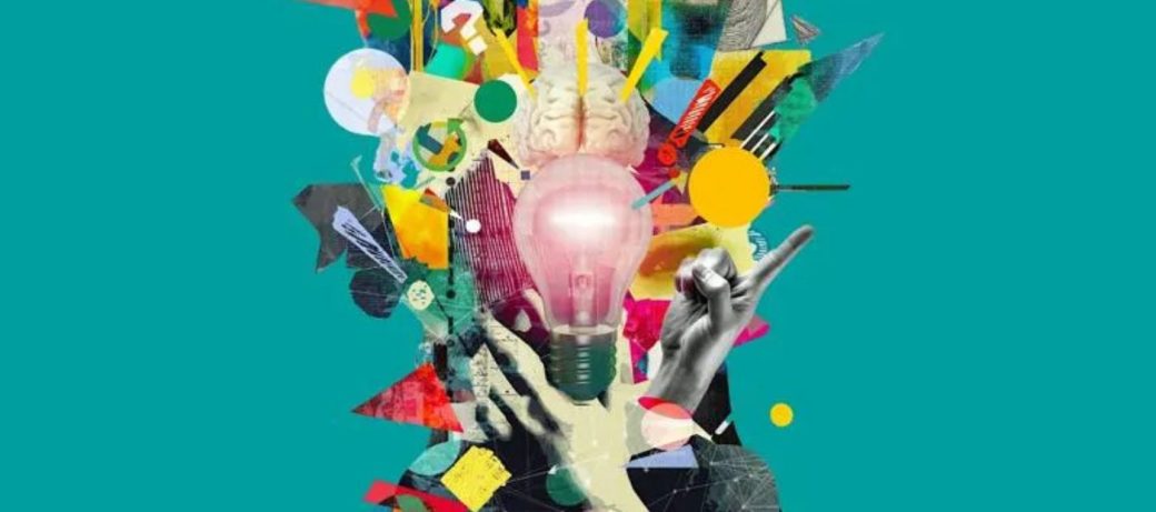 A vibrant collage featuring a central glowing light bulb surrounded by colorful geometric shapes, a brain graphic, and pointing hands, symbolizing creativity and ideas.