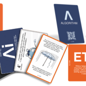 A collection of educational cards with themes of algorithms, ethics, and decision-making, featuring text, graphics, and illustrations