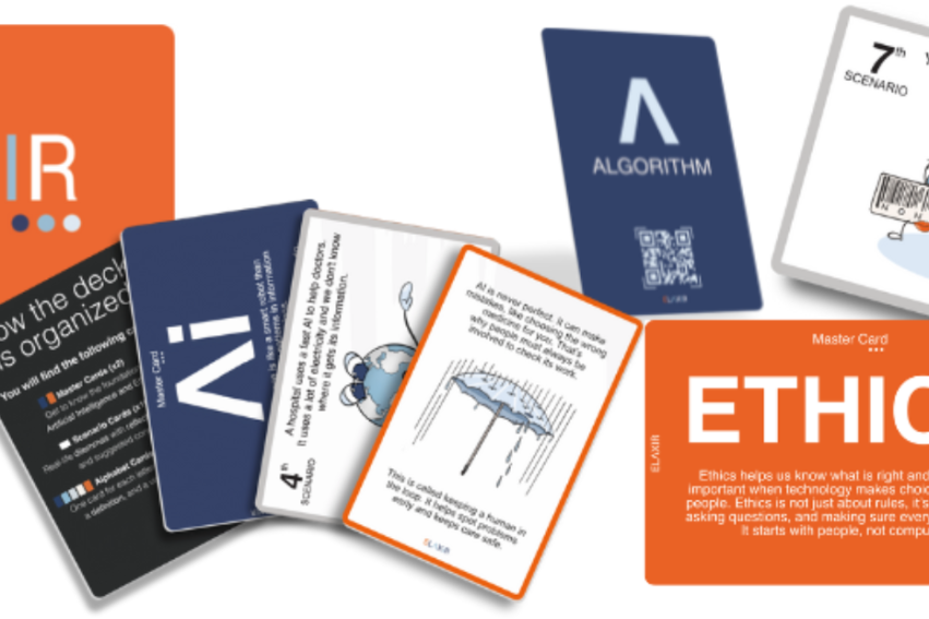 A collection of educational cards with themes of algorithms, ethics, and decision-making, featuring text, graphics, and illustrations