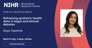 Prediction Modelling Banner with the title: Reframing Synthetic Health Data in Legal and Ethical Debates, showing a young smiling woman